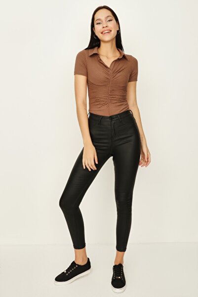 Select Moda Kadın Kahverengi Önü Büzgülü Örme Alttan Çıtçıtlı Body