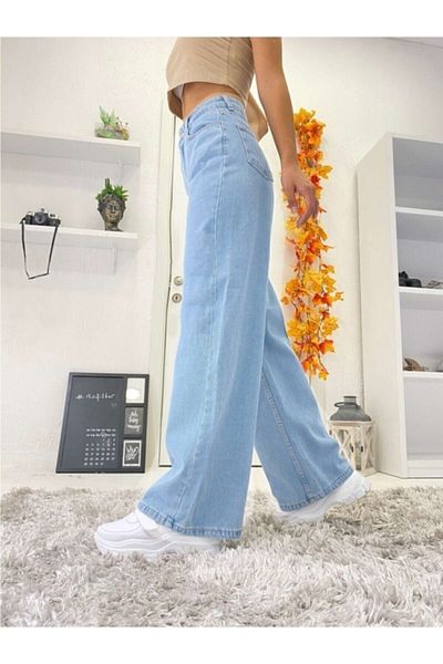 Trn JNS Jass 90's Colorfast Ice Blue Lycra Super ψηλόμεσο φαρδύ τζιν παντελόνι. (ΥΠΕΡ ΥΨΗΛΟ.) Φαρδύ πόδι.