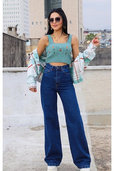 Trn JNS Φαρδύ τζιν παντελόνι Julyet 90's Colorfast Blue Lycra Super ψηλόμεσο. (ΥΠΕΡ ΥΨΗΛΟ.) Φαρδύ πόδι.