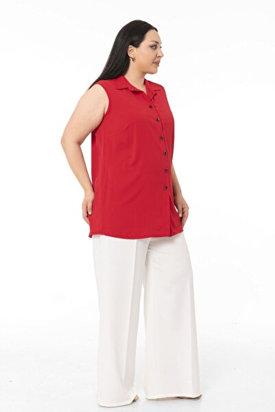 DISENTIS MODEST Büyük Beden Gömlek Yaka Düğmeli Kolsuz Kırmızı Gömlek