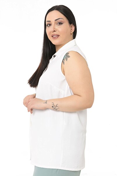 DISENTIS MODEST Cămașă albă fără mâneci cu guler de cămașă de mărime Plus