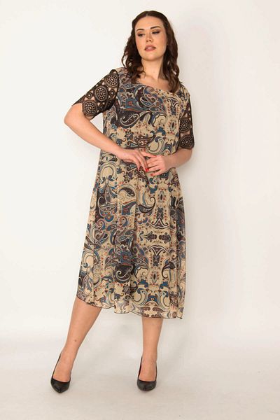 Şans Women's Plus Size Colorful Sleeves Lace Lined Chiffon Dress 65n32013