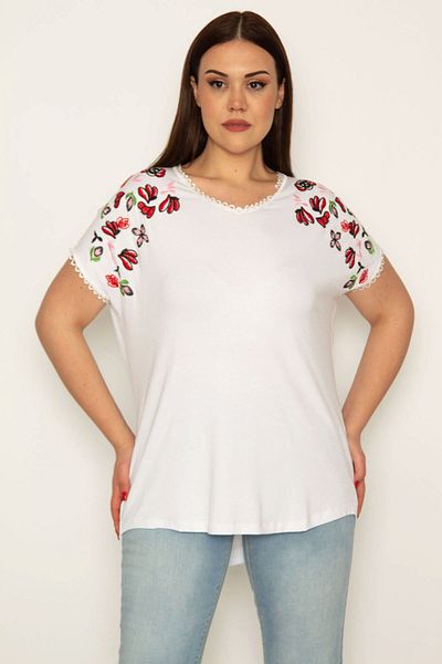 Şans Women's Plus Size Bone Collar and Sleeve Kopenaki Lace Shoulder Embroidered Blouse 65n31858