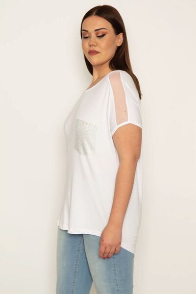 Şans Women's Plus Size Bone Shoulders Tulle and Peto Pocket Stone Detailed Viscose Blouse 65n31855