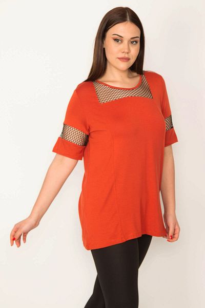Şans Women's Large Size Orange Mesh Detailed Viscose Blouse 65n31981