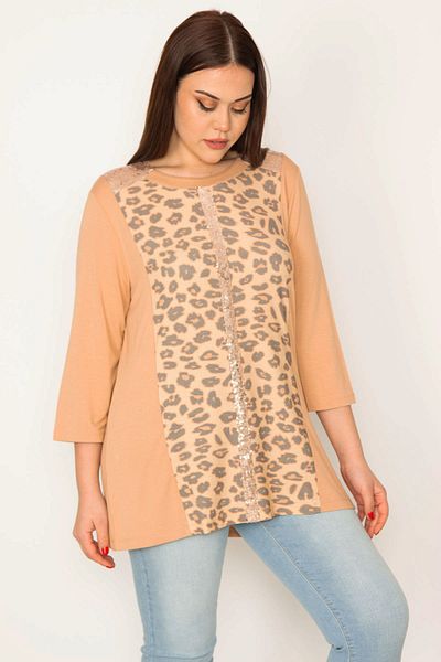 Şans Women's Large Size Mink Sequin Detailed Leopard Print Blouse 65n31983