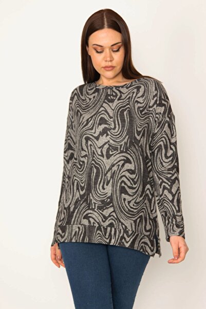 Şans Women's Large Size Smoked Bicycle Collar Side Tiny Slit Patterned Blouse 65n31943