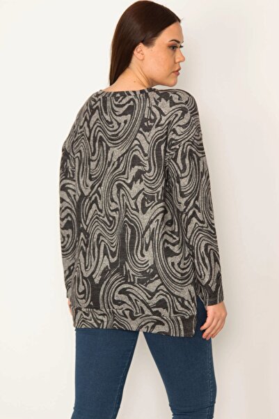 Şans Women's Large Size Smoked Bicycle Collar Side Tiny Slit Patterned Blouse 65n31943