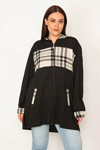 Şans Women's Large Size Black Unlined Front Zippered Plaid Garnished Hooded Coat 65n31945
