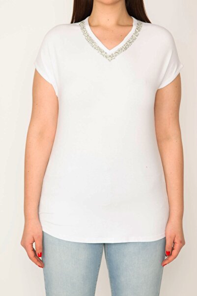 Şans Bluză albă cu decolteu în V, de mărime mare, cu detalii de piatră curgătoare 65n32057
