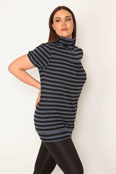 Şans Women's Plus Size Black Stand Collar Chest Pleated Striped Blouse 65n32058