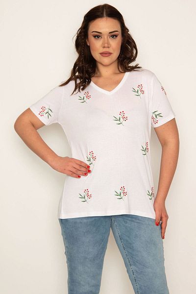 Şans Bluză albă cu decolteu în V broderie de talie plus pentru femei 65n32030