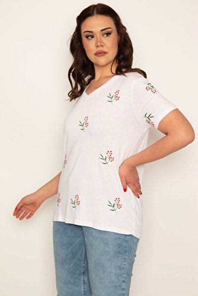 Şans Жіноча блуза великого розміру з білим коміром та вишивкою 65n32030