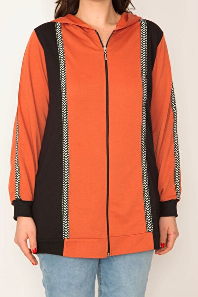 Şans Women's Large Size Orange Zipper and Hood Detailed Color Combination Sweatshirt 65n32076