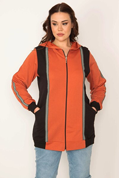 Şans Women's Large Size Orange Zipper and Hood Detailed Color Combination Sweatshirt 65n32076