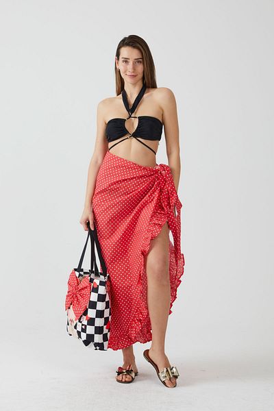 AYSHOME Ays Home Fashion Κόκκινο πουά βολάν Pareo Beach φόρεμα
