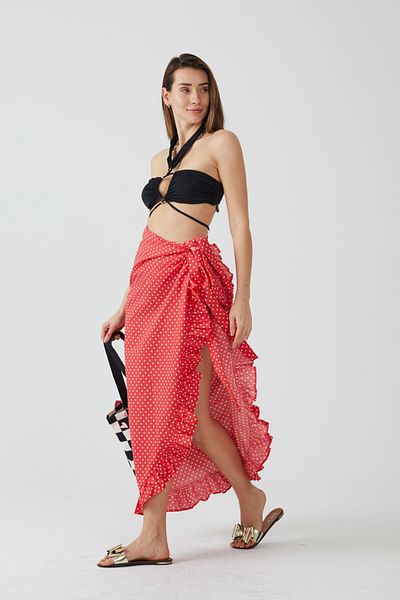 AYSHOME Ays Home Fashion Κόκκινο πουά βολάν Pareo Beach φόρεμα