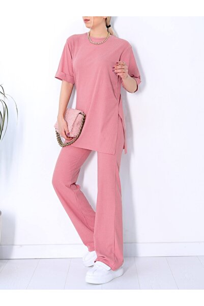 Sparrow Laurel Pembe Yırtmaçlı Tunik T-shırt  Bol Paça Pantolon Kaşkorse İkili Takım