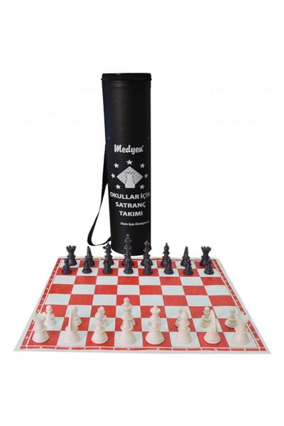 mrtbilisim Median Chess Set with Roll Leather Bag Large Size School Group Chess Set with Carrying Bag Chess