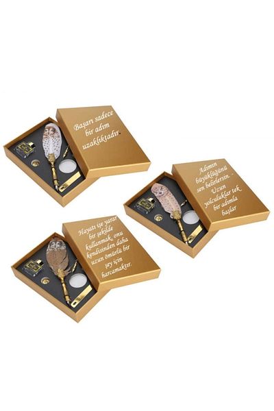 Çılgıntrend Owl Patterned Feather Dip Pen Set