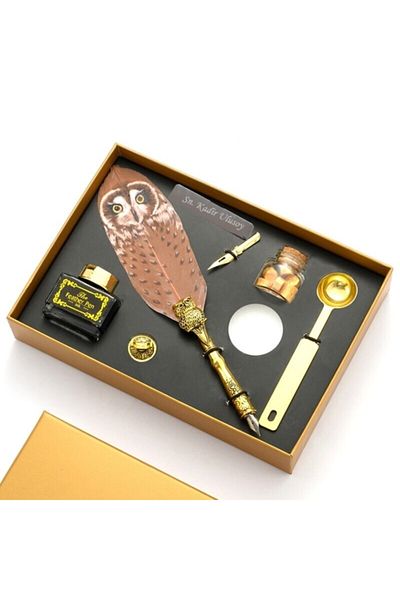 Çılgıntrend Owl Patterned Feather Dip Pen Set