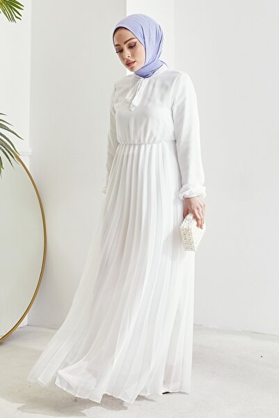 InStyle Плісирована сукня з сифоном Limelda Tesettur біла