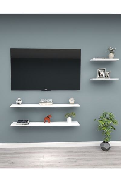 LİNDE HOME 4lü Beyaz Duvar Rafı Tv Rafı Salon Dekorasyonu