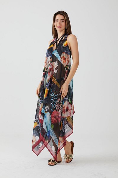 AYSHOME Μαύρο φόρεμα παραλίας με τροπικό σχέδιο Ays Home Fashion