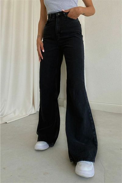 Trn JNS Lizovl 90's Black Snow Lycra Super ψηλόμεσο φαρδύ τζιν παντελόνι. (ΥΠΕΡ ΥΨΗΛΟ.) Φαρδύ πόδι.