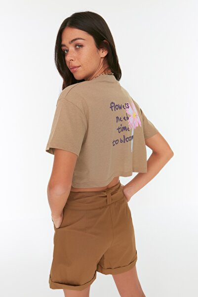 Trendyol Collection Stone Recycle Back Printed High Collar Crop Knitted T-Shirt