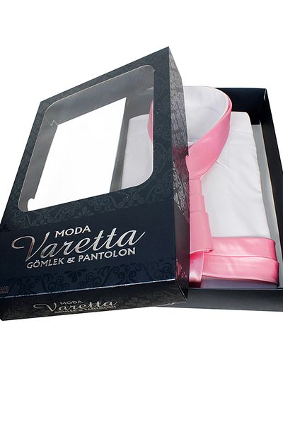 Varetta Ανδρικό λευκό μακρυμάνικο πουκάμισο με ροζ γραβάτα πουκάμισο σε κουτί δώρου