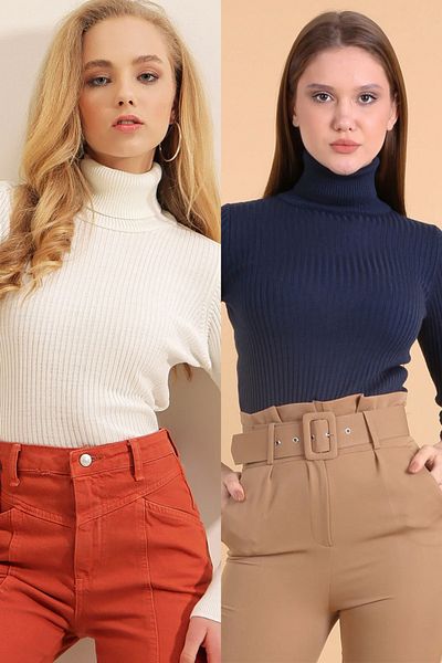 Bigdart 10311 White and Navy Blue 2-Piece Turtleneck Knitwear Sweater