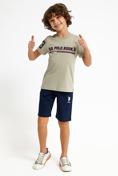 U.S. Polo Assn. Bisiklet Yaka Kabartmalı Yazı Detaylı Açık Haki Erkek Çocuk T...