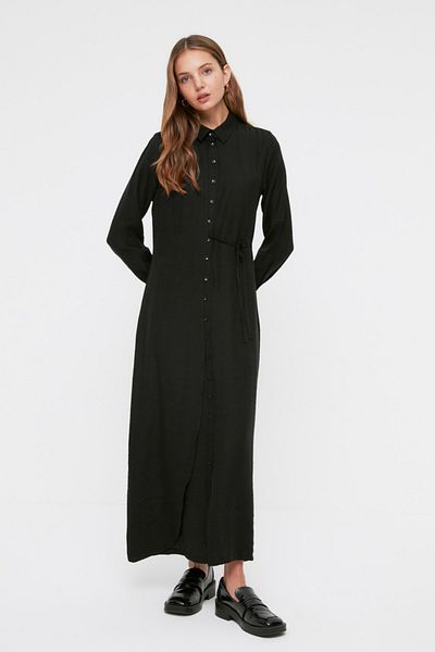 Trendyol Modest Μαύρο Πλευρικό Δετό Κουμπωτό Υφαντό Πουκάμισο Ρούχο με Μοναδική Όψη Λινάρι TCTSS22EB0025
