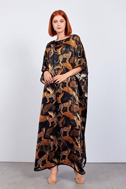 Nomads Felt %100 Ipek Uzun Elbise | Siyah Gold Leopar Desen |