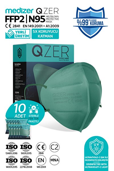 Medizer Qzer 10 Adet Yeşil Renk 5 Katmanlı Ffp2 Maske