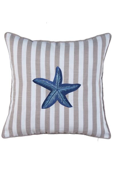 caka home design غطاء وسادة مطرز بنجوم مضلعة (خطوط بيج X إكرو / تطريز أزرق داكن)