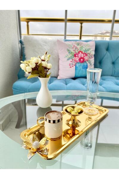 Aslı Hediyelik Zambak Çiçekli Lüx Paslanmaz Çelik Gold Baton Servis , Çay ,kahve ,ikramlık Ve Sunum Tepsisi