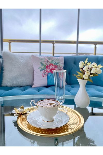 Aslı Hediyelik 2-piece Lily Flower Patterned - Gold Presentation, Round Pastry Coffee Serving Tray, 23 Cm