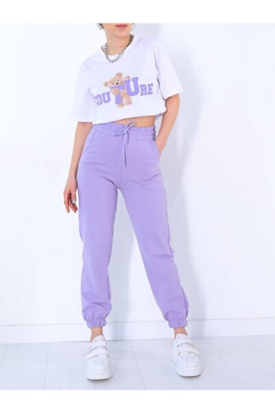 Sparrow Laurel Mor Beyaz Couture Yazılı Ayıcık Baskılı T-shırt Jogger Eşofman...