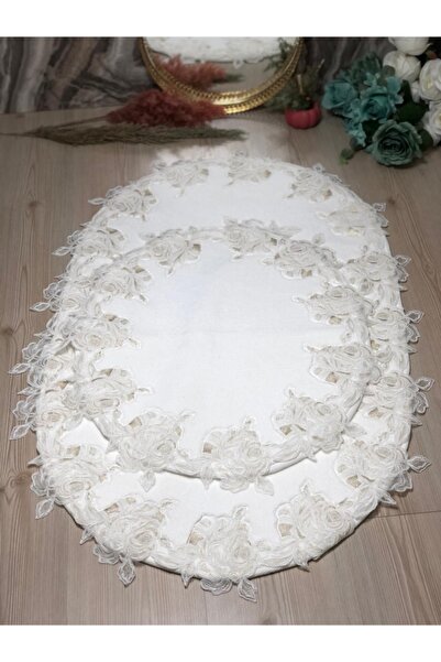 Kumru Çeyiz 2'li Güllü Güpürlü %100 Pamuk Halı Taban Banyo Paspası