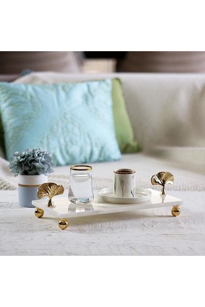 Akayev Marble White 30x15 Cm Gold Foot Ginkgo Presentation Plate