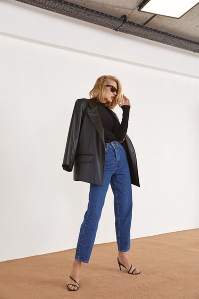Trn JNS Blugi Mom Blue Lycra Talie Înaltă Blugi Denim