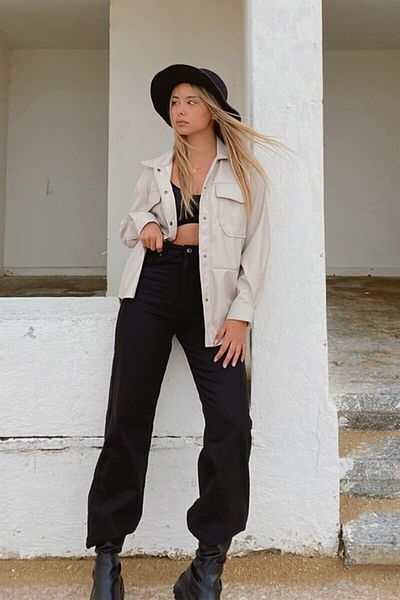 Trn JNS Viola Black 90's Lycra Super ψηλόμεσο φαρδύ τζιν παντελόνι Palazzo. (ΥΠΕΡ ΥΨΗΛΟ)