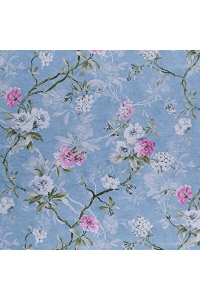 benimol Mavi Zemin Üzerine Baskılı Pembe Renki Sarmaşık Çiçek Desenli Dokuma ...