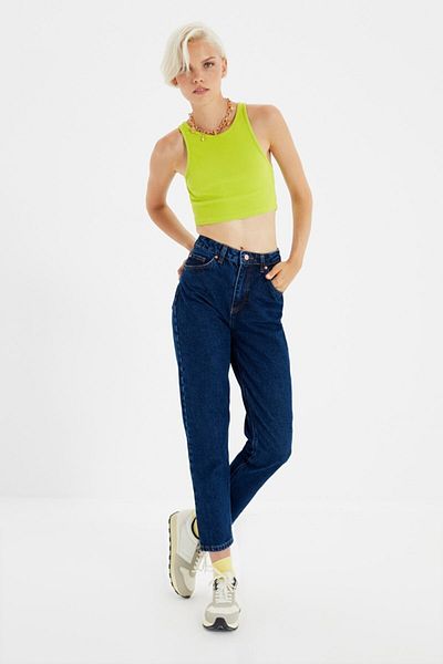 Trn JNS Mia Albastru Inchis Talie Inalta Lycra Mom Jeans Blugi Denim