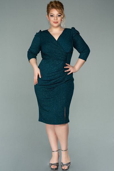 Abiyefon Emerald Green Capri Sleeve Double Breasted Collar Glitter Plus Size Dress Abk1246