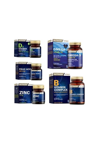 Nutraxin Omega 3 and Coq-10 Coenzyme 60 Capsules - Folic Acid, Zinc and Vitamin D3 Vitamin B 60 Tablets