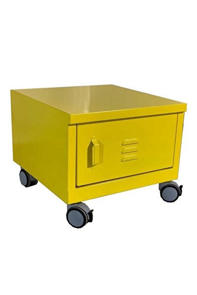 Sarı Küp Tekerlekli Ve Kapaklı Bölmeli Metal Mini Sehpa Komidin