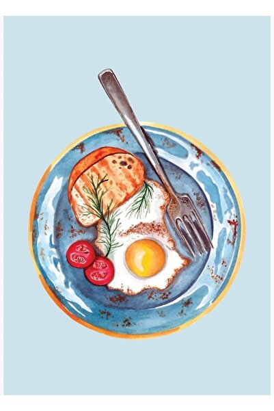 Universal Güneşli Taraflı Kahvaltı Tabağı Yumurta, Ekmek Ve Kiraz Domates Tablo Ahşap Poster Dekoratif